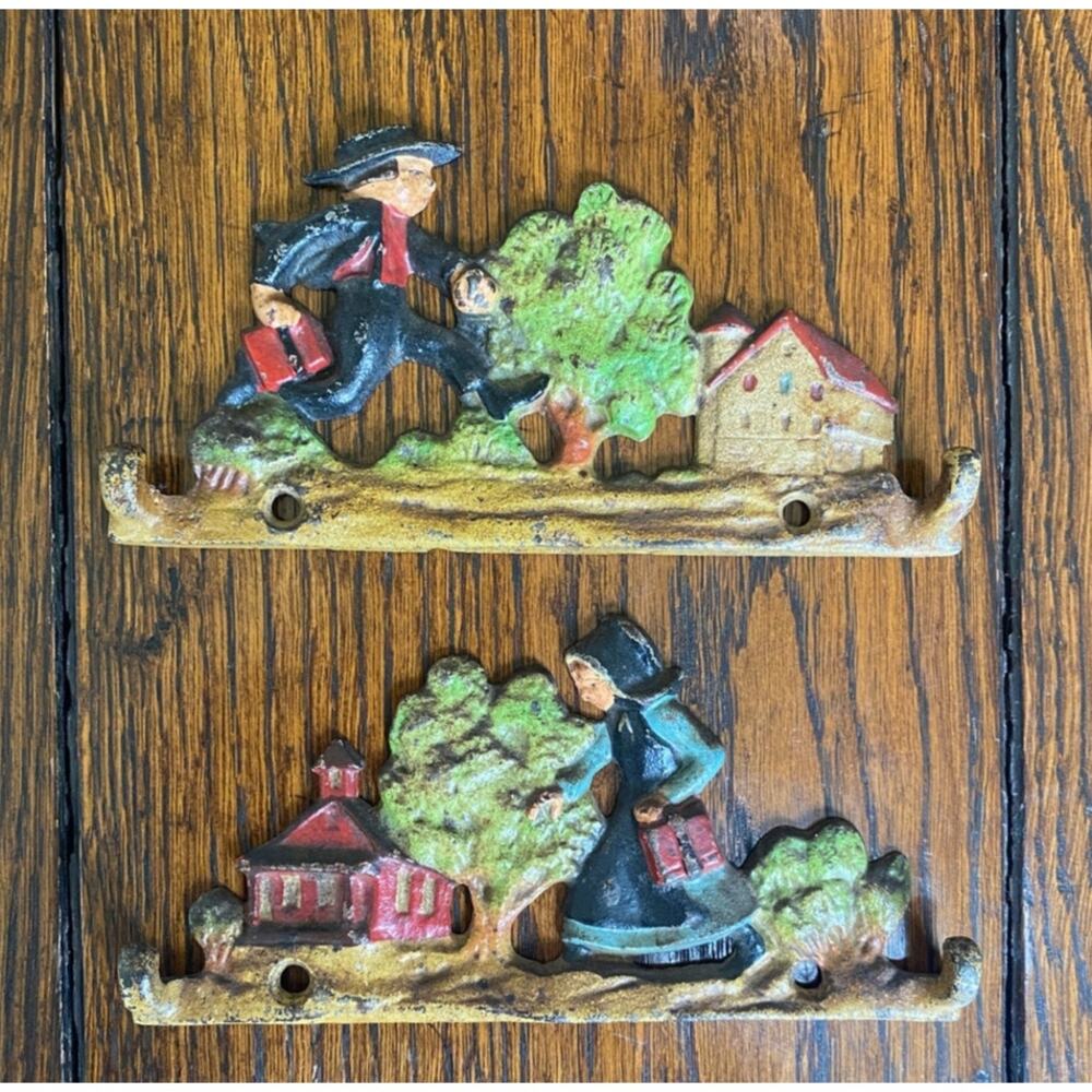 2 Antique Amish Set of Cast Iron Wall Hooks - Keys, jackets, coats...